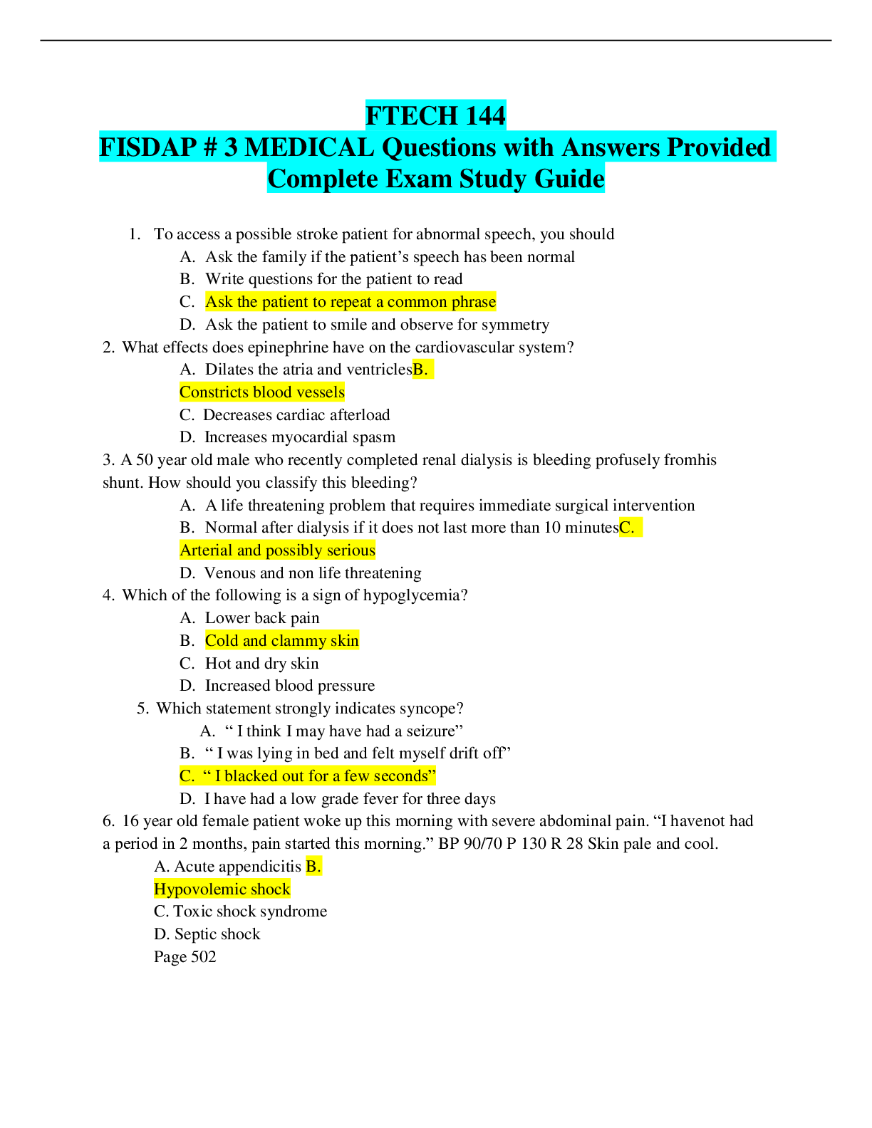 FTECH 144_ FISDAP 3 MEDICAL Questions with Answers Provided Complete Study Guide Browsegrades